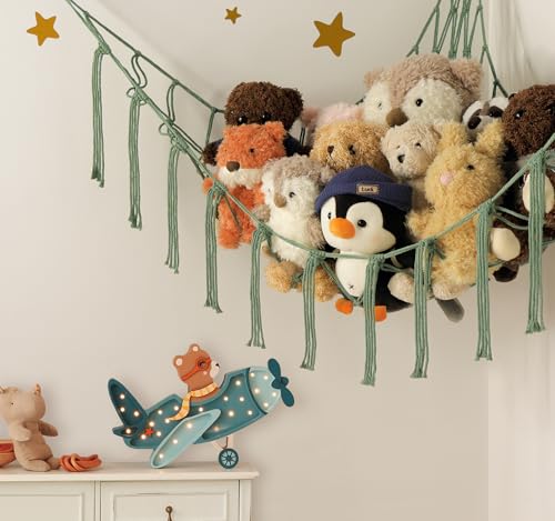 mirolam Stuffed Animal Hammock - Large Stuffed Animal Net Corner - Hanging Stuff Animal Storage Organizer For Plush Plushie Display Room Bedroom Boho Decor - color: Olive Green, size: Standard(41.5"L x 55.2"W x 41.5"H)