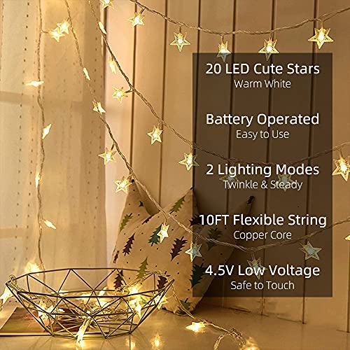 Yummuely Star String Lights 10Ft 20 LED Fairy Lights Battery Operated Waterproof Indoor Outdoor Twinkle Christmas Lights for Bedroom Party Wedding Xmas Tree Decoration (Warm White) - size: Star Lights