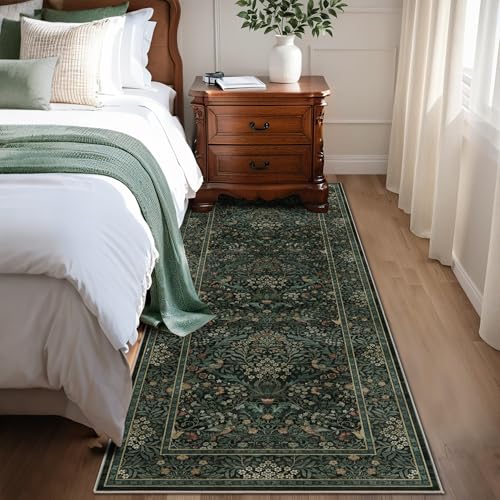2x6 Floral Washable Area Rug Soft Runner Rugs for Living Room, Vintage Boho Hallway Rug for Bedroom Dining Room, Distressed Botanical Birds Non Slip Low Pile Animal Throw Carpet for Office, Dark Green - color: Dark Green, size: 2' x 6' (Runner)