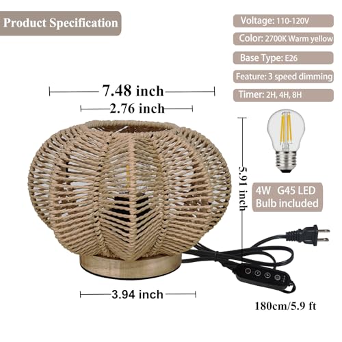 Rattan Table Lamp, Mini Boho Lamp, Vintage Wicker Nightstand Small Lamps with Wood Base, Bohemia Woven Lamps for Bedroom Living Room Desk Kids Room, 2700K G45 LED Bulb Included