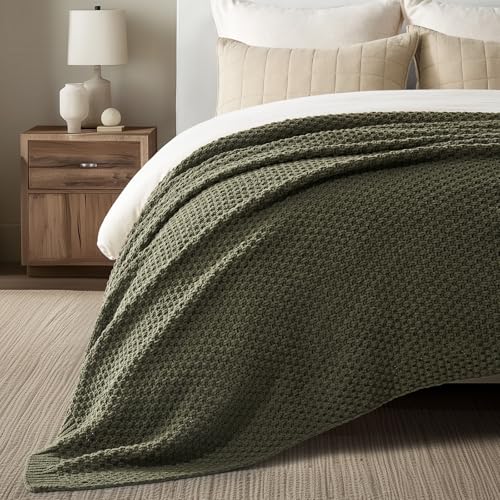 EVERGRACEHOME Chunky Polyester Knit Throw Blanket for Couch, Soft Luxurious Oversized King Moss Stitch Blanket for Bed, Large Cozy Farmhouse Knitted Throw for Sofa, Olive Green, 92" x 108" - color: Olive Green, size: 108" X 92"