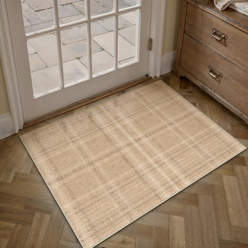 2x3 Brown Area Rug for Entryway Machine Washable Low Pile Checkered Mat Modern Accent Soft Non Slip Small Carpet for Entrance Bathroom Bedroom Indoor - color: Brown, size: 2' x 3' (Rectangular)