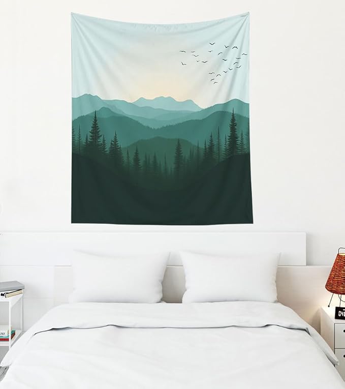 EMMTEEY Nature Tapestry Green Mountains Forest 50X60 Inch Vertical Tapestry Wall Art Hanging Tapetries for Bedroom Living Room Dorm Décor