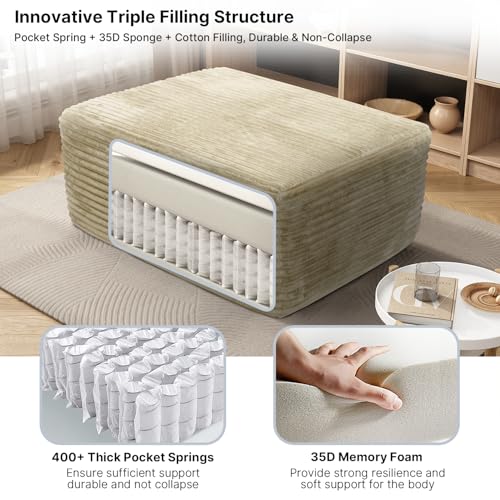 37'' Oversized Ottoman Bench, Plush Corduroy Poufs Foot Tool, Fluffy Boneless Couch Footrest Padded Seat, Seat Cube for Living Room No Assembly (Beige)