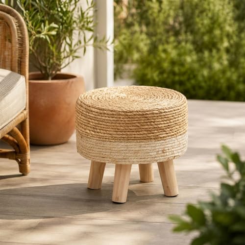 Wimarsbon Round Foot Stool Natural Seagrass Poufs Ottoman Hand Weave Footrest Stool for Couch Desk Extra Seat Step Stool with Solid Wood Legs for Hallway Patio Lounge White - color: White, size: 13"D x 13"W x 10.6"H