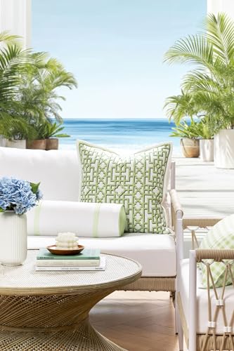Hofdeco Premium Grandmillennial Coastal Hampton Patio Indoor Outdoor Bolster Pillow Cover Only, 6"x20" Water Repellent for Backyard, Couch, Poolside, Grass Green Embroidered Stripes - color: Grass Green Stripes 6"x20"