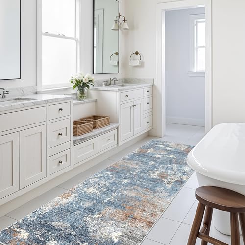 2x8 Washable Non-Slip Hallway Runner Rug – Modern Coastal Abstract Neutral Stain-Resistant Low-Pile Carpet Runner for Kitchen Entryway Bedroom Bathroom (Blue Rust,2x8) - color: Blue Rust, size: 2' x 8' (Rectangular)