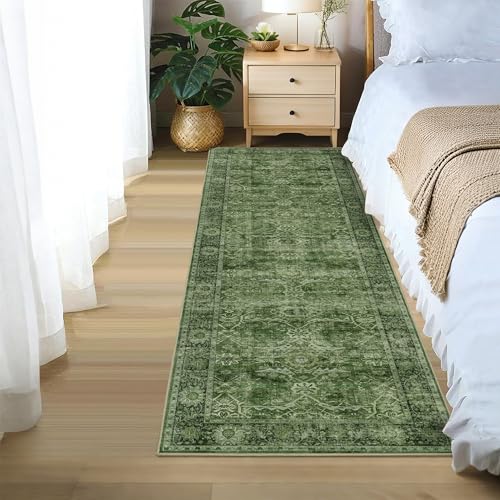 2x6 Green Vintage Washable Runner Rugs for Hallway Kitchen Boho Hallway Rug Low Pile Non-Slip Retro Distressed Accent Throw Rug for Entryway Bathroom Bedroom Green - color: Green, size: 2'*6'(Runner)