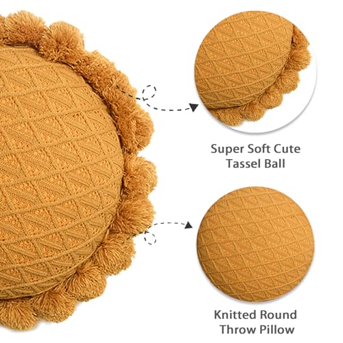 Acrylic Knitted Round Throw Pillow Knitting Bohemian Circular Cushion Pillow with Knit Handmade Pompoms Decorative Warm Orange, Diameter 18inches - color: Warm Orange