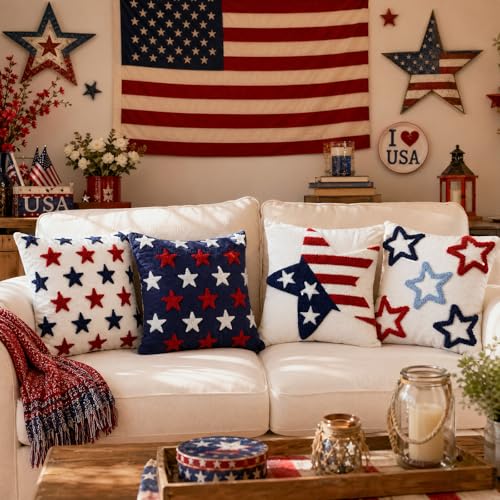 4 Pcs 4th of July American Flag Decorative Throw Pillow covers,18x18 Inch Tufted Embroidery Patriotic Star Cushion Cover Set, Independence Day Memorial Day Plush Decor Bedroom Outdoor Home Sofa Couch - size: 18" x 18" (Pack of 4)