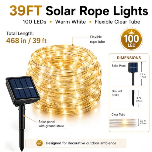 LairtPOW Solar Rope Lights Outdoor Waterproof, 39FT 100 LED Solar Powered Rope Light with 8 Modes, Flexible IP65 Outdoor String Lights for Garden Patio Yard Tree Pool Wedding Decor, Warm White - color: Warm White, size: 100 LED