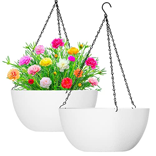 WOUSIWER 13 inch 2Pack Large Hanging Planters for Outdoor Indoor Plants with Drainage Holes and Chain, Round Hanging Flower Pots for Garden Home Porch Decor, White - color: White