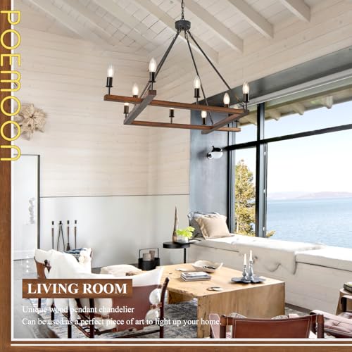 Rustic L53'' Wooden Square Chandelier 10-Light Farmhouse Unique Rectangular Candle Chandelier with White Light Socket for Living Dining Room Foyer Kitchen Bedroom High Ceiling, E12 - color: Walnut, size: 53 inches