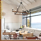 Rustic L53'' Wooden Square Chandelier 10-Light Farmhouse Unique Rectangular Candle Chandelier with White Light Socket for Living Dining Room Foyer Kitchen Bedroom High Ceiling, E12 - color: Walnut, size: 53 inches