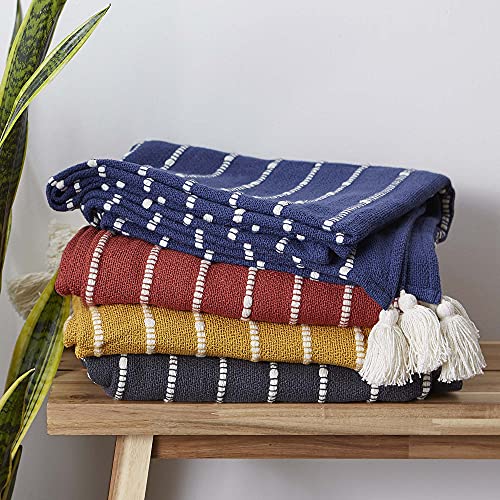 DII Striped Throw Collection Cotton Slub, Hand-Tied Tassels, 50x70, French Blue & Off-White - color: French Blue & Off-white, size: 50x70''