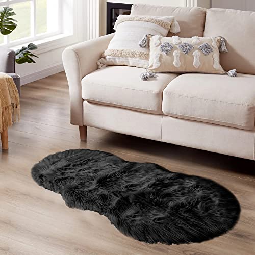 Latepis Black Faux Sheepskin 2x4 Shag Rug for Bedroom Fluffy Faux Fur Rug Non-Slip Throw Rugs for Living Room Fuzzy Rugs for Dorm Pet Mats Luxury Home Décor - color: Black, size: 2' x 4' (Sheepskin)