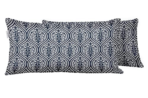Indoor/Outdoor Polyester Fabric Lumbar Pillow Cover, All-Weather Waterproof Rectangular Cushion Case for Patio Furniture, 12 x 18 Set of 2 - Ogee-15 - color: Royal Blue2, size: 18" x 12" (Pack of 2)