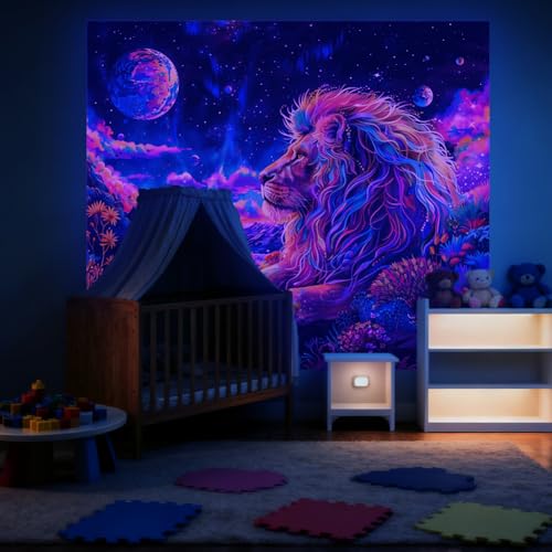 CRAFTYMELODY Lion Blacklight Tapestry Glow in the Dark Tapestry UV Reactive Moon Colorful Wall Hanging 59×51 Inch with Hook Self Adhesive Sticker Clip for Bedroom Home Wall Decoration - color: Lion