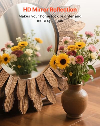 VEVOR Wall Mirror Decorative, 12-inch Rustic Wood Wall Decor Mirror, Boho Sunburst Aesthetic Mirrors for Bedroom Living Room Bathroom Entryway - Warming Gifts for New Home (Carbonized Black)