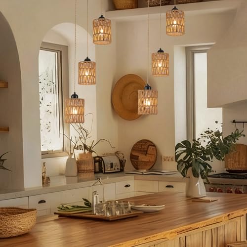 Finktonglan 3-Light Rattan Pendant Light, Boho Farmhouse Woven Hanging Light Fixture, Adjustable Kitchen Island Pendant Lighting for Dining Room Bedroom Entryway, Bulbs Not Included