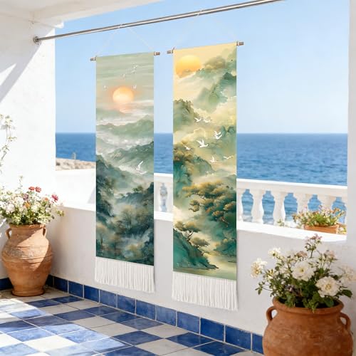 seewan 2 Pack Long Vertical Wall Tapestry, Boho Nature Landscape & Floral Aesthetic Wall Hanging for Bedroom Living Room Home Decor, Long Narrow Art Tapestry with Sunrise Mountain Botanical Designs, 13" × 51" (Mist Mountain Layers, 13"Wx51"H, Unframed) -