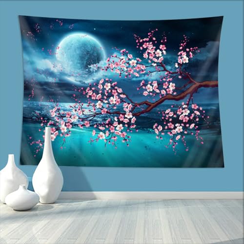 Keiutexe Full Moon Over Ocean Tapestry 60" X 40" Japanese Cherry Blossom Wall Hanging Party Decorations Home Decor For Bedroom Living Room Dorm (150 X 100cm) - color: Full Moon, size: 60 X 40 Inch
