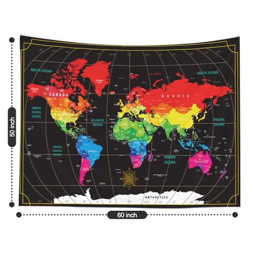CAPSCEOLL Giant Hanging Map Wall Decor Tapestry Wall Hanging Large Travel Map Colorful Art Decor 60X50 Inches,Black Red - color: Black Red, size: 60"L x 50"W