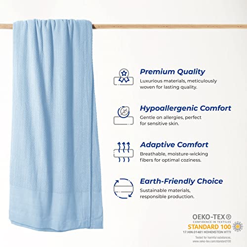 THREAD SPREAD 100% Pure Cotton, Luxury Twin/Twin XL Size Light Blue Blanket - Herringbone Pattern, Soft & Cozy Premium Fall Throw Blanket for All Seasons, 350 GSM & 68 x 92 with Free Tote Bag - color: Herringbone - Light Blue, size: Twin / Twin XL