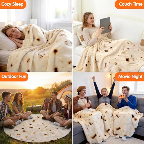 CASOFU Burritos Tortilla Throw Blanket, White Elephant Gift for Adults Teens Kid Men Women, 285 GSM Soft Flannel Realistic Taco Food Blanket Funny Birthday Gag Gift for Boy and Girl(Beige, 80 inches) - color: Beige, size: 80 inches