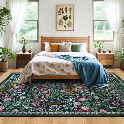 Area Rug Living Room Rugs: Floral 4x6 Washable Rug Vintage Soft Boho Non-Slip Carpet Indoor Floor Stain Resistant Large Carpets for Bedroom Dining Room Farmhouse Nursery Hallway Home Office Dark Green - color: Dark Green, size: 4' x 6' (Rectangular)