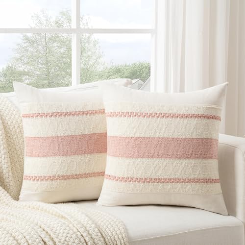 Fancy Homi Set of 1 Boho Pink Decorative Throw Pillow Cover 16x16 Inch for Couch Bed Sofa, Aesthetic Modern Organic Farmhouse Home Decor, Soft Cotton Cute Accent Macrame Woven Cushion Case - color: Pink, size: 16" x 16" (Pack of 1)