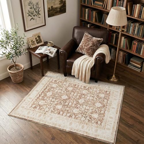 jinchan 3x5 Washable Vintage Area Rug, Distressed Traditional Floral Entryway Accent Rug, Soft Low-Pile Non-Slip Floor Mat for Indoor Foyer, Kitchen Sink Bedroom Bathroom Vanity, Taupe - color: Oriental Taupe, size: 3' x 5' (Rectangular)