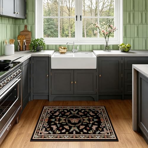 Unirea 2x3 Small Black Washable Area Rug, Door Mat Indoor Entrance Insect Rug, Non Slip Thin Area Rugs, Soft Boho Bug Entryway Rug for Kitchen, Bathroom, Bedroom, Laundry Room, Low Pile Carpet - color: Black, size: 2'x3'