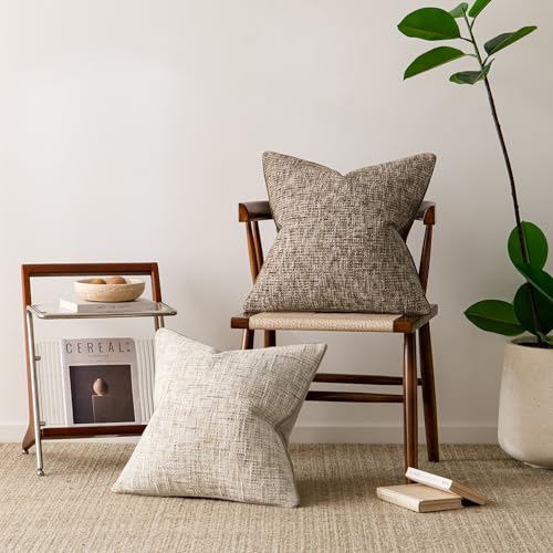 a moment Brown Reversible Pillow Covers 2 Pack - Farmhouse Chenille Velvet Throw Pillows, Neutral Textured Decorative Throw Pillow Covers with Border for Couch Sofa Bed (24x24 Inch, No Insert) - color: Brown, size: 24" x 24" (Pack of 2)