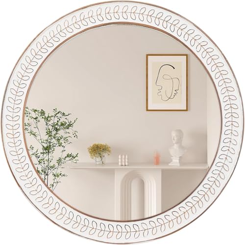 24 inch Round Rustic Wooden Mirrors, Distressed Circle Mirror for Bathroom, Bedroom, Living Room, Entryway, Fireplace, Hall - color: White Leaves, size: 24"L x 24"W
