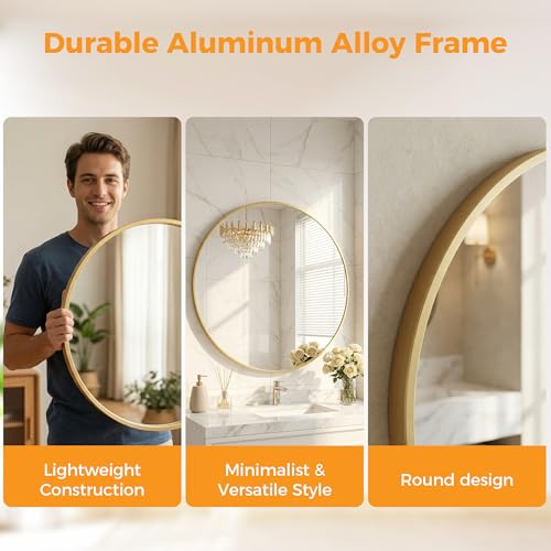 OLIXIS 24 Inch Gold Round Bathroom Wall Mirror, Round Bathroom Mirrors for Over Sink, Circle Mirror with Tempered Glass for Home Decor, Entryway, Bedroom, Vanity, Shatterproof& Crystal-Clear - color: Gold-round, size: 24"L x 24"W