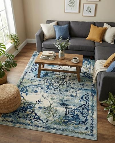 Rugs.com Fleur Collection Rug – 7' x 10' Blue Medium-Pile Rug Perfect for Bedrooms, Dining Rooms, Living Rooms - color: Blue 12, size: 7' x 10' (Rectangular)