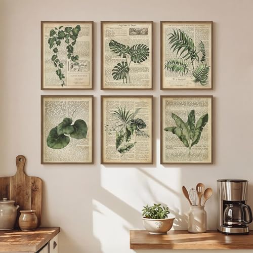 Framed Vintage Botanical Wall Art, Set of 6 Green Leaf and Fern Canvas Painting Prints, Rustic Farmhouse Plant Artwork for Living Room Bedroom Kitchen Dining Room Office Apartment Decor, 11x14 Inch - color: Retro Ferns - Walnut Framed, size: 11" W x 14" H