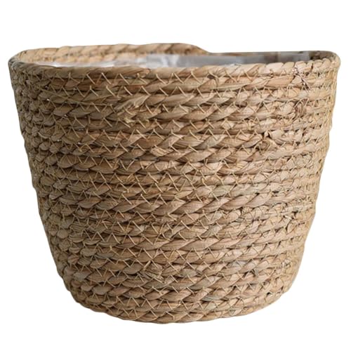 Healeved Hand Woven Planter Basket with Liner Rustic Straw Flower Pot for Indoor Outdoor Plants Balcony Living Room Decor 7.8X9.75X7.8 Inches