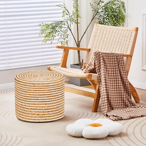 Wimarsbon 2Pcs Pouf Ottomans, Natural Seagrass Foot Stool, Hand Weaving Round Ottoman, Boho Decorative Seat, Jute Braided Pouffe Poof Accent Sitting Footrest for Living Room (18inch 68LI) - color: 18inch Water Hyacinth Braid & White Cotton