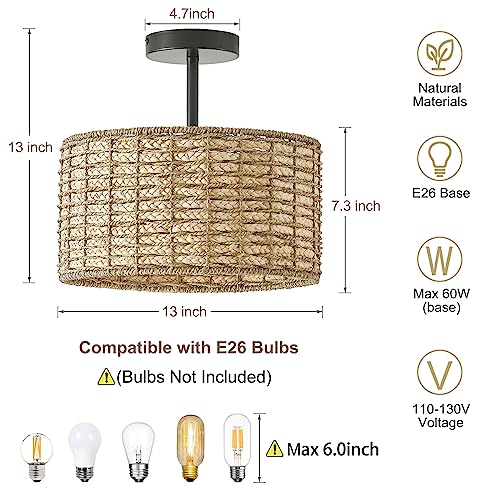 13"Rattan Ceiling Light Fixture Flush Mount, 2-Light Boho Rattan Hand-Woven Ceiling Light Fixtures Drum Wicker Chandelier Light Fixture for Dining Room Bedroom Living Room Hallway Foyer Kitchen - color: 13”Brown