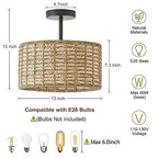 13"Rattan Ceiling Light Fixture Flush Mount, 2-Light Boho Rattan Hand-Woven Ceiling Light Fixtures Drum Wicker Chandelier Light Fixture for Dining Room Bedroom Living Room Hallway Foyer Kitchen - color: 13”Brown