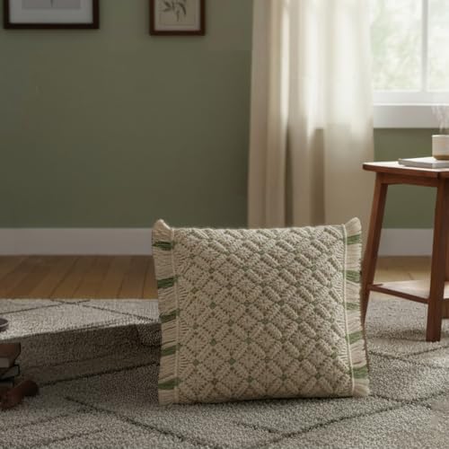 AVOIRR Handmade Macrame Cushion Cover 16x16 Inch – Boho Decorative Throw Pillow Cover, Natural White & Olive Cotton Woven Bohemian Pillow Case for Sofa, Couch, Bed & Living Room Decor