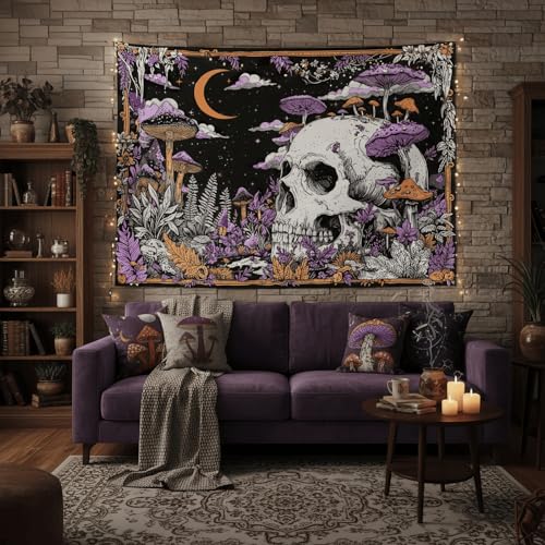 Accnicc Mushroom Skull Tapestry Gothic Skeleton Vintage Plant Tapestries Wall Hanging Botanical Witchy Horror Large Tapestry for Bedroom Living Room Dorm 80 x 60 inch - color: Purple White, size: 80"L x 60"W