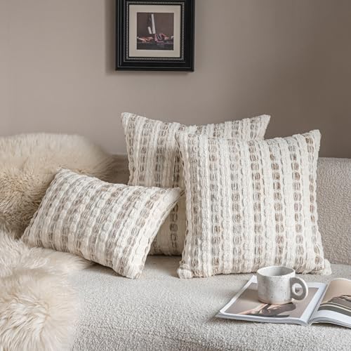 Caflife Boho Throw Pillow Covers 12x20 Inch Set of 2, Farmhouse Beige Striped Textured Chenille Decorative Couch Pillow Cases, Modern Rustic Accent Cushion Covers for Sofa Bed Living Room Bedroom - color: Beige, size: 20" x 12" (Pack of 2)