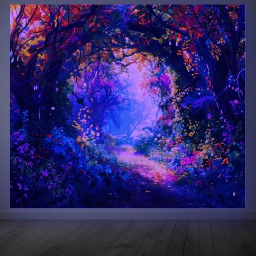 CRAFTYMELODY Tree Blacklight Tapestry Glow in the Dark Tapestry UV Reactive Colorful Flower Forest Wall Hanging 59×51 Inch with Hook Self Adhesive Sticker Clip for Bedroom Home Wall Decoration - color: Tree Flower