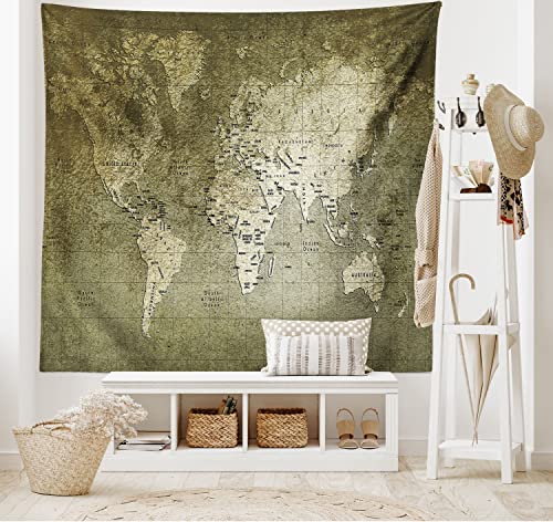 Ambesonne Antique Tapestry, Old World Map Texture Nostalgic Plan Atlas Trace of Life, Wide Wall Hanging for Bedroom Living Room Dorm, 60" X 40", Khaki Beige - color: Army Green, size: 60"L x 40"W