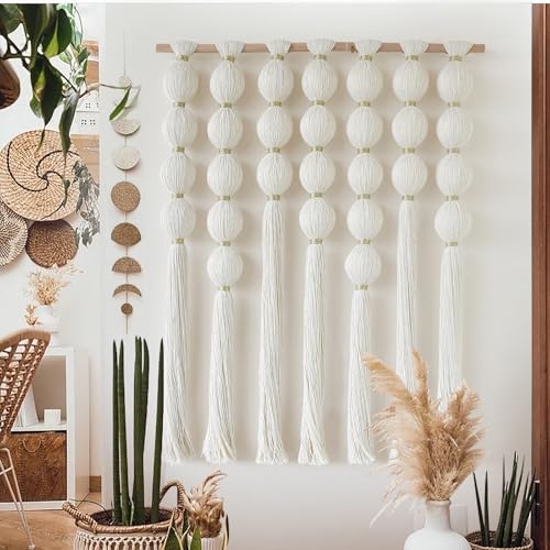 IOWER Macrame Wall Hanging Boho Wall Decor Ball Tassels Handmade Boho Woven Wall Decor for Living Room Bedroom Background 27" W x 39" L - color: Ivory with Gold