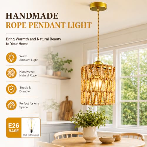 1-Light Rattan Pendant Light Boho Hand-Woven Chandelier, Farmhouse Hemp Rope Pendant Lights for Dining Room, Small Wicher Chandelier Ceiling Hanging Light for Kitchen lsland Bedroom Hallway - color: 4.72″-Cylindrical