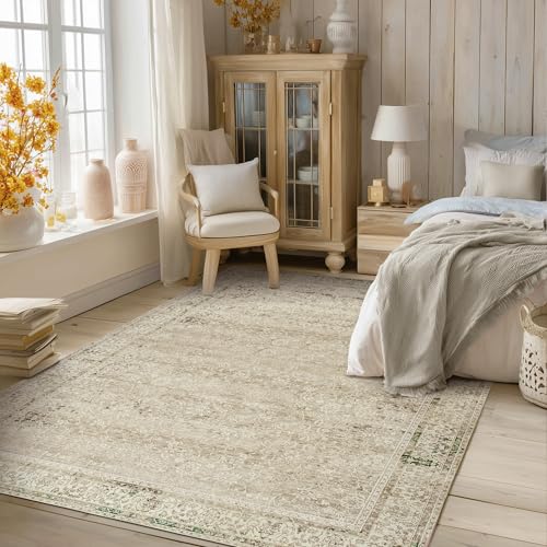 BILEEHOME Modern Farmhouse Area Rug 5 x7 Washable Floral Earth Tone Neutral Boho Nursery Rug 5x7 for Baby Boy Bedroom,Tan Brown and Cream Beige - color: Cream&light Tan, size: 5' x 7' (Rectangular)